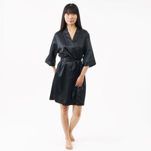 Load image into Gallery viewer, belted short satin dressing gown - black