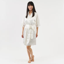 Load image into Gallery viewer, short satin dressing gown with elbow length sleeves - ivory