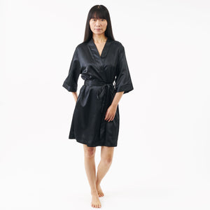 belted short satin dressing gown - black