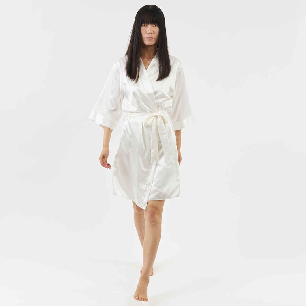 belted short satin dressing gown - ivory