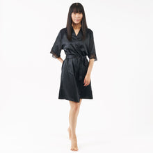 Load image into Gallery viewer, short satin dressing gown with elbow length sleeves - black