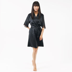 short satin dressing gown with elbow length sleeves - black