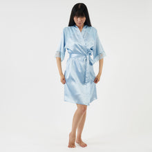 Load image into Gallery viewer, short satin dressing gown with elbow length sleeves - powder blue