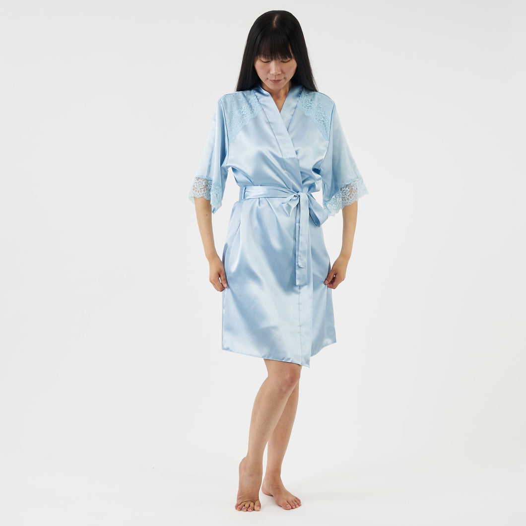short satin dressing gown with elbow length sleeves - powder blue
