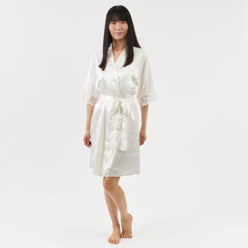 short satin dressing gown with elbow length sleeves - ivory