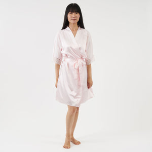 short satin dressing gown with elbow length sleeves - baby pink