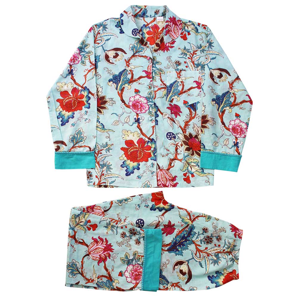 Pale Blue Exotic Flower Print Cotton Pyjama Set